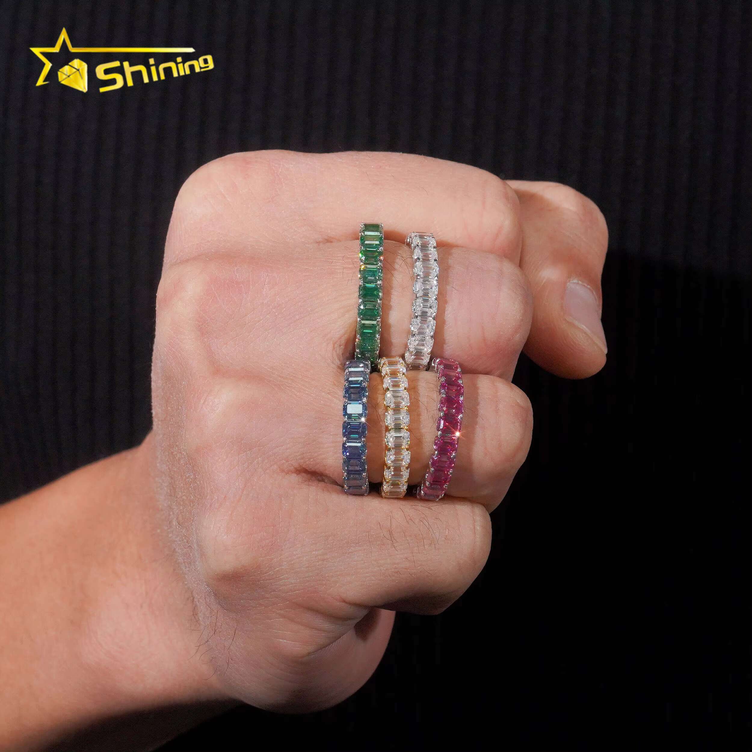 S925 Silver Emerald Cut VVS D Color Eternity Colored Moissanite Diamond Fine Jewelry Enterity Wedding Ring for Men Women