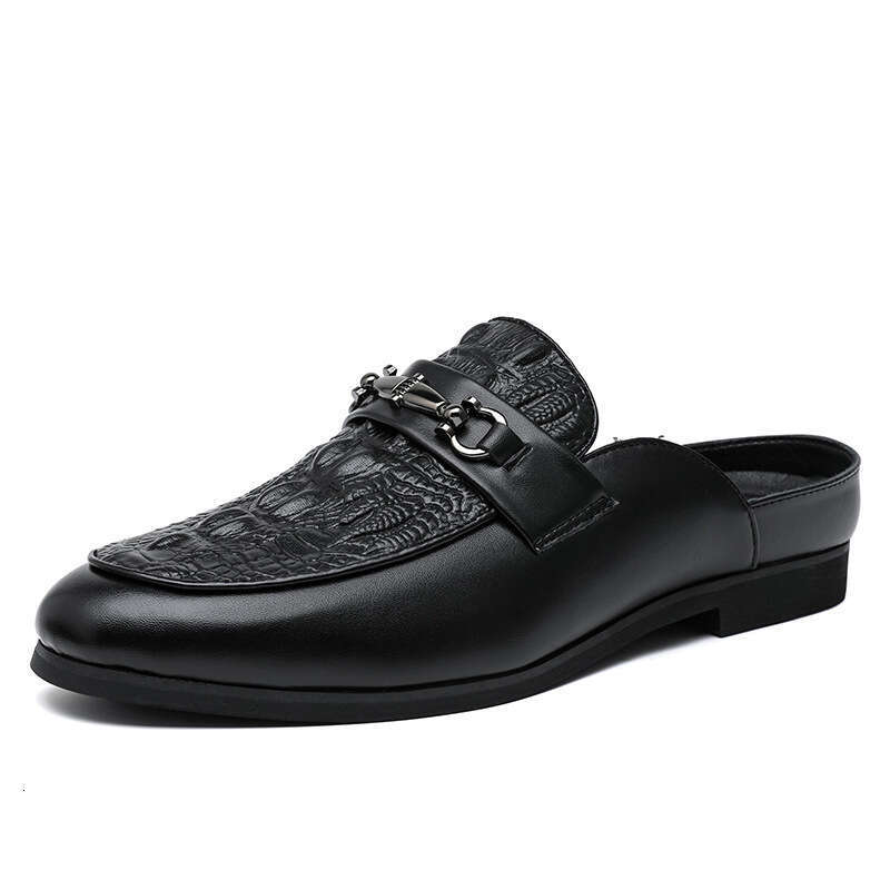 Large men's half slipper leather one foot lazy no heels, bean shoes, Le Fu casual Baotou cool slippers