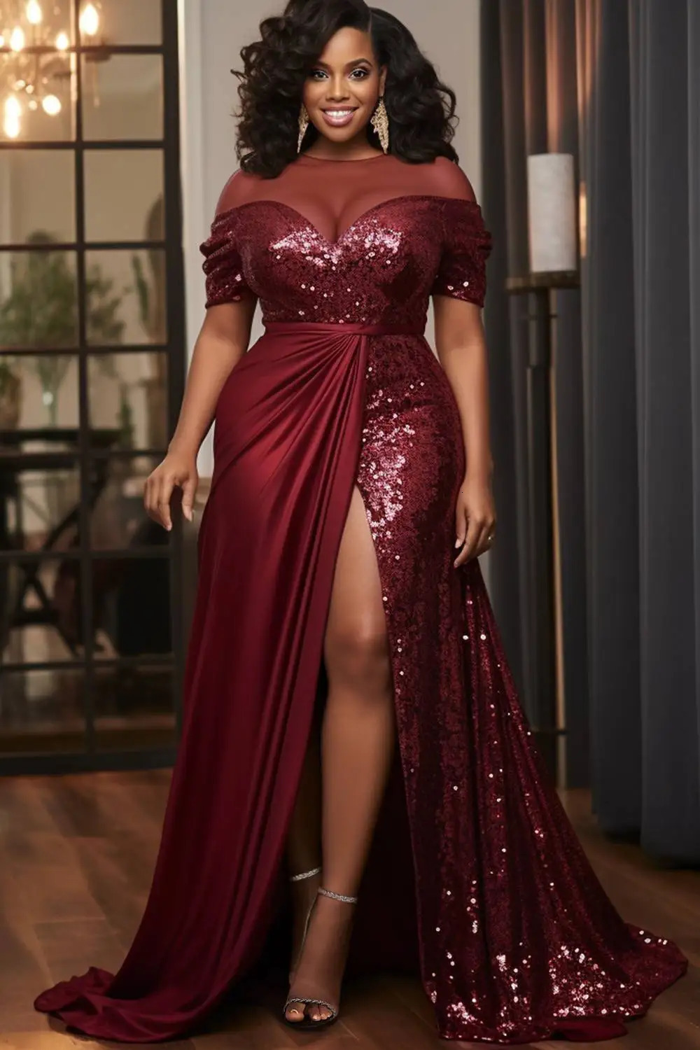 Large size formal satin Burgundy round neck short sleeved contrasting sequin long skirt 250328