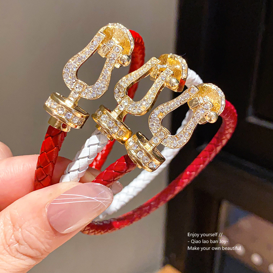 Gold Toned Red Braided Leather Bracelet With Rhinestone Embellished Clasp Detail Delicate Daily Elegant Jewelry Gift For Her High Quality Stylish Acce