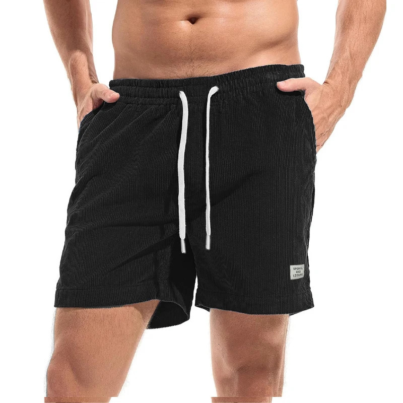 Summer mens Corduroy shorts with elastic waist casual beach outdoor breathable pants lightweight streetwear 250403e