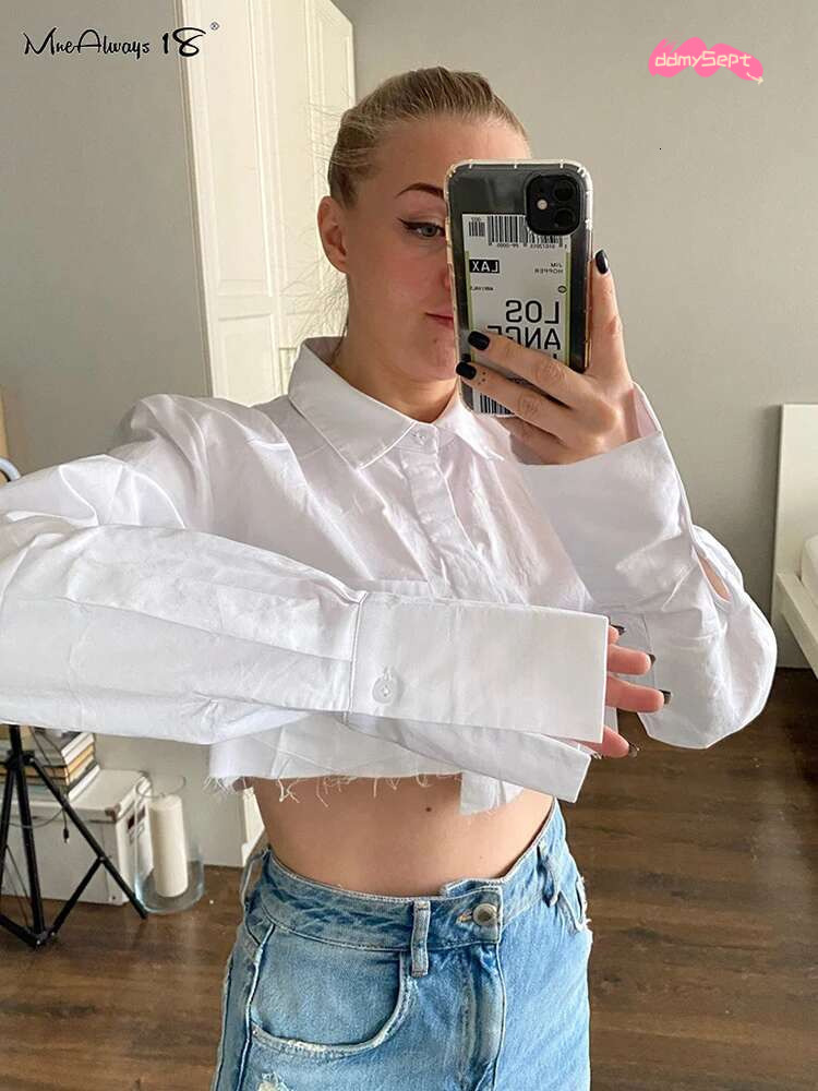 Mnealways18 Streetwear White Cropped Blouse Women Long Sleeve Cotton Shirt Turn Down Collar Spring Casual Tops Button Irregular ddmySept