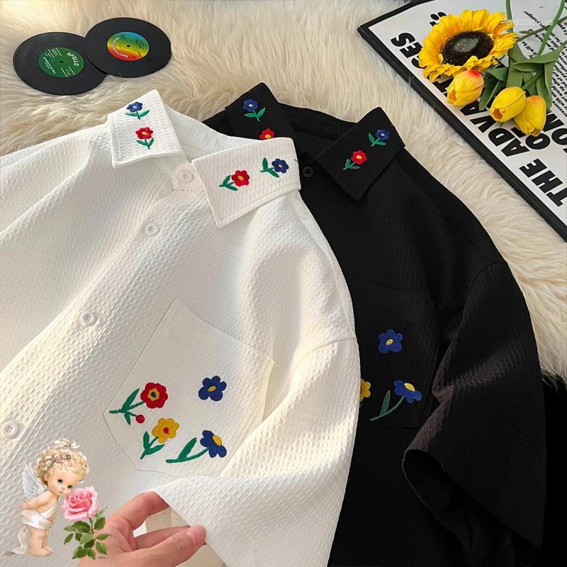 Men's Casual Shirts White Black Colorful Embroidered Flower Pattern Lapel M-5XL Plus Size Short Sleeve Shirt For Men Women