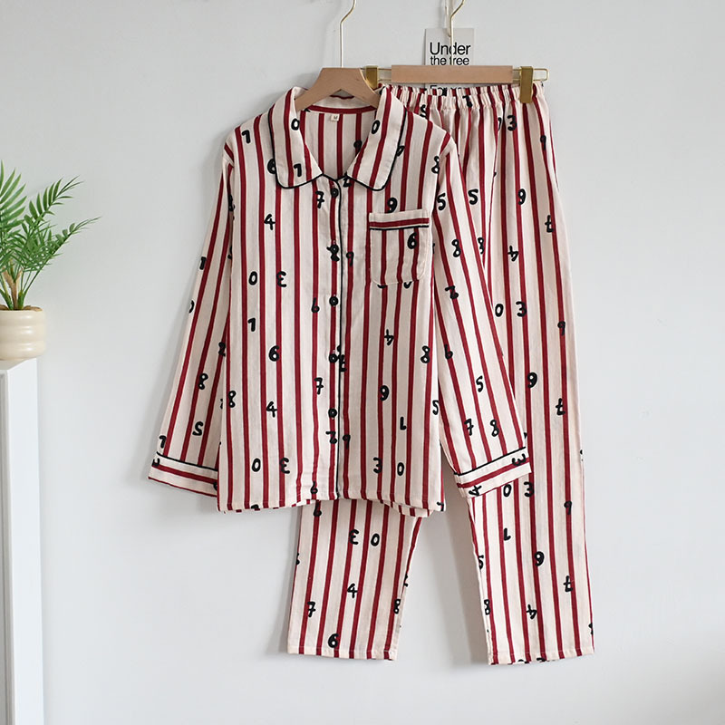 B1136-100% pure cotton double-layer cotton yarn striped puppy all-season long-sleeved collared cardigan for women's loungewear/pajamas.