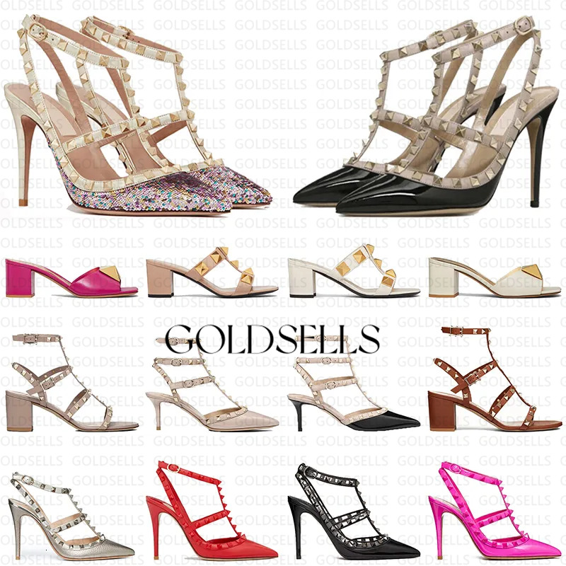 Designer High Heel Sandal Dress Shoes Ankle Strap Roman Studs Black Nude Strip Rivets Womens Stiletto Block Heel Size 35-42
