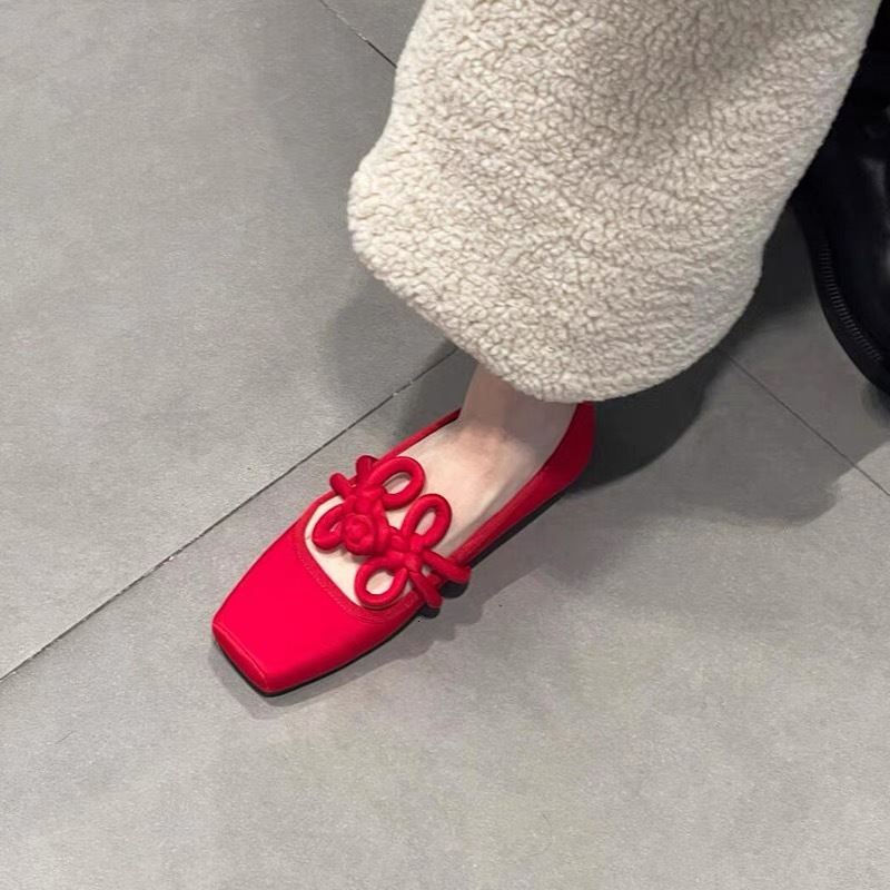 Sheepskin Edition Square Head Little Red Shoes New Chinese Retro Chinese Knot Flat Flat Single Shoes Women's Shallow Mouth Ballet Mary Jane Shoes