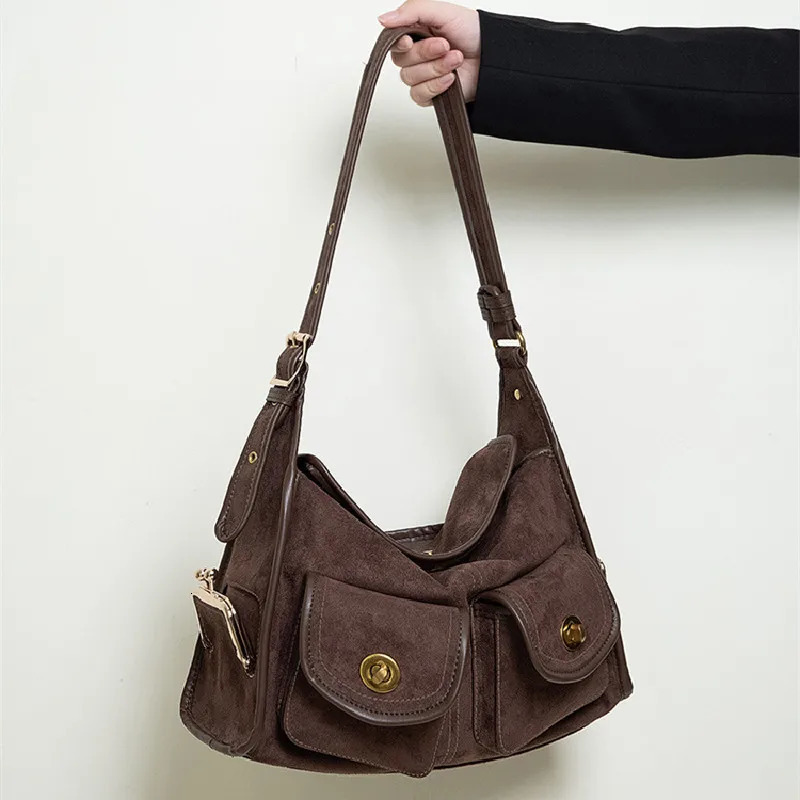 Casual Large Capacity Suede Pillow Bag Single Shoulder Crossbody Vintage Style Polyester Lining Zipper Clre 251103