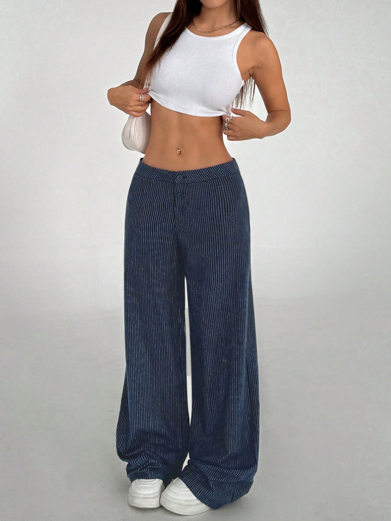 Women's Niche Retro Striped Wide-Leg Pants, American Vintage Minimalist Slim-Fit Trousers in Cotton-Polyester Blend, Office & Daily Wear Pants--1