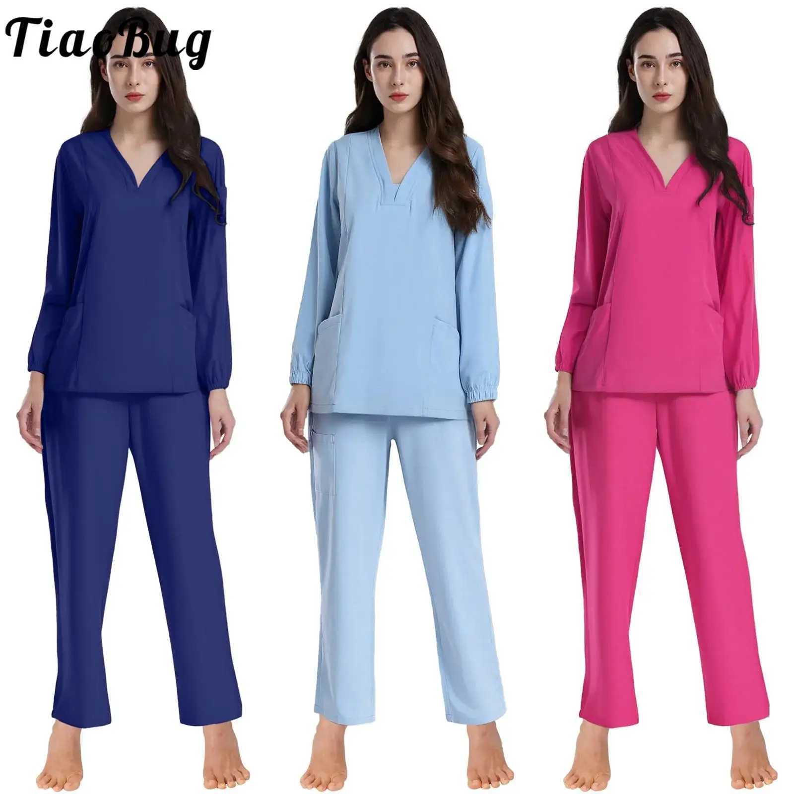 Women Medical Scrubs Outfit Long Sleeve Pockets Pullover Top and Long Pants 2piece Sets for Nursing Dental Surgeon Uniform J251103