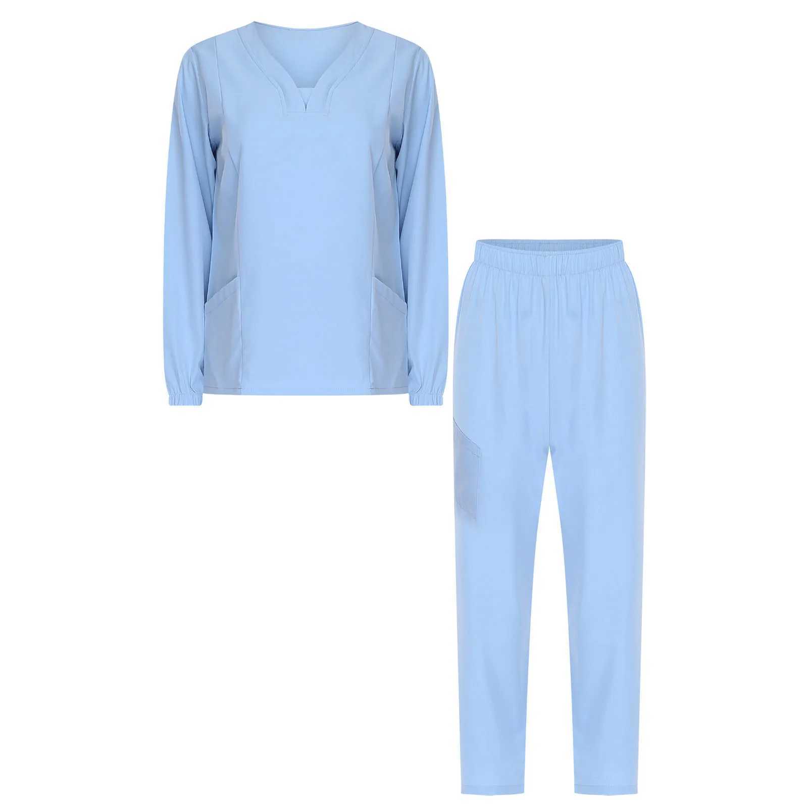 Women Medical Scrubs Outfit Long Sleeve Pockets Pullover Top and Long Pants 2piece Sets for Nursing Dental Surgeon Uniform J251103