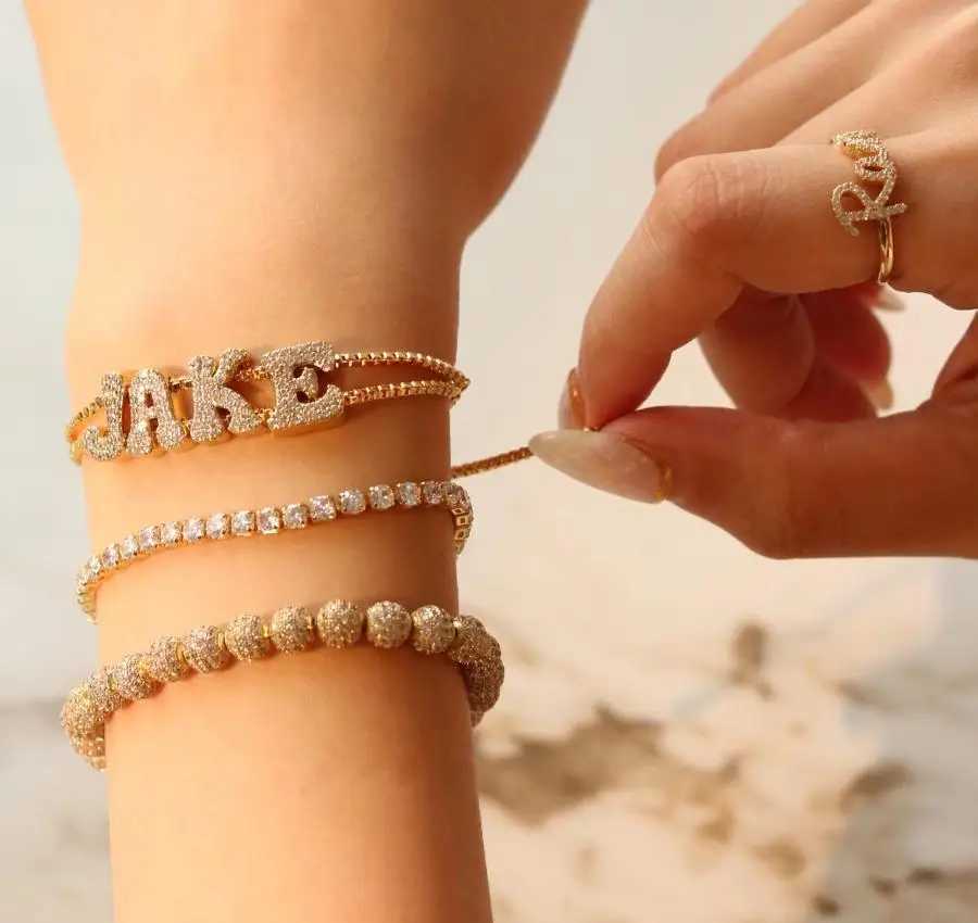 Doremi Fat Bubble Slide Initial Letter Bracelet Full Crystal Letter Womens Name DIY Slide Letter Bracelet Y250329