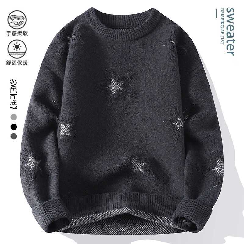 Solid Color Perforated Star Pattern Knitted Sweater Autumn Winter Korean Mens Clothing 2025 Thick Warm Mens TopsT251103