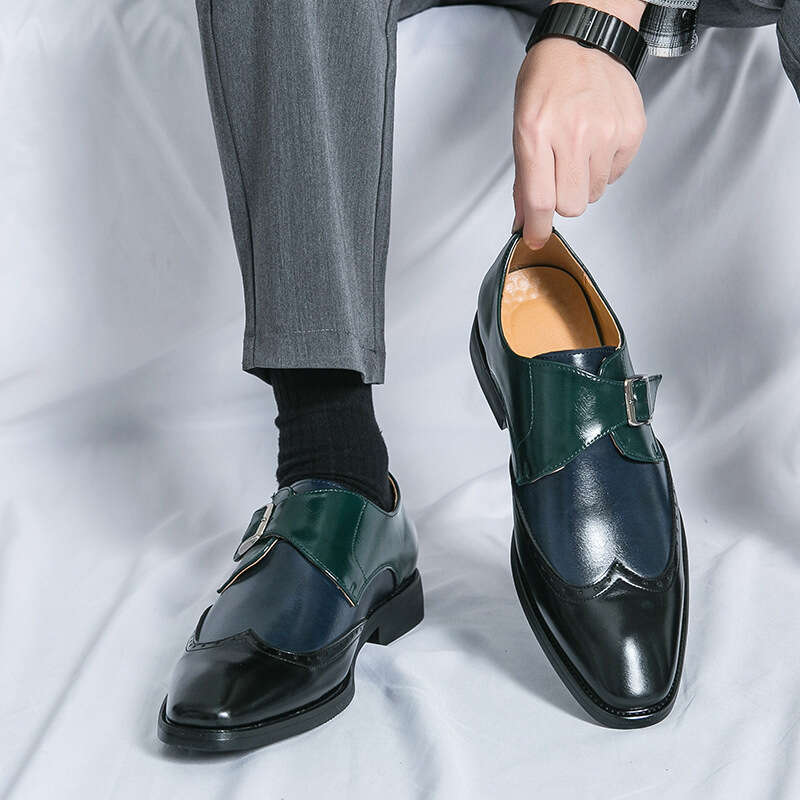 Large men's color matching buckle loafers, business dress casual leather shoes 38-48, groom's wedding shoes, men