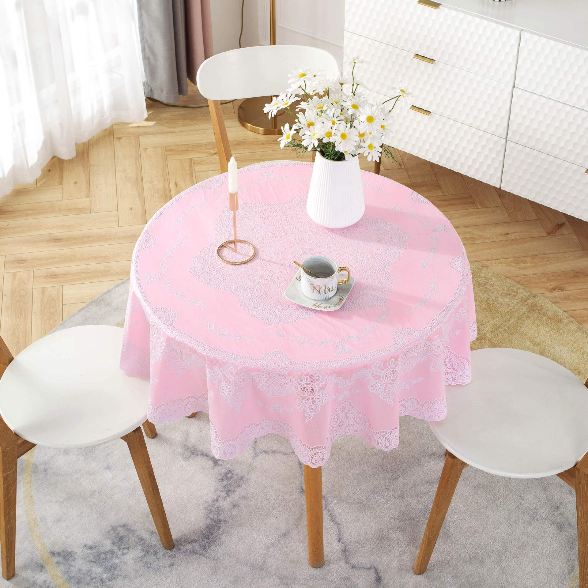 D152 Factory direct European style gold stamping PVC tablecloth household round tablecloth waterproof and oil proof hotel restaurant tablecloth pure w