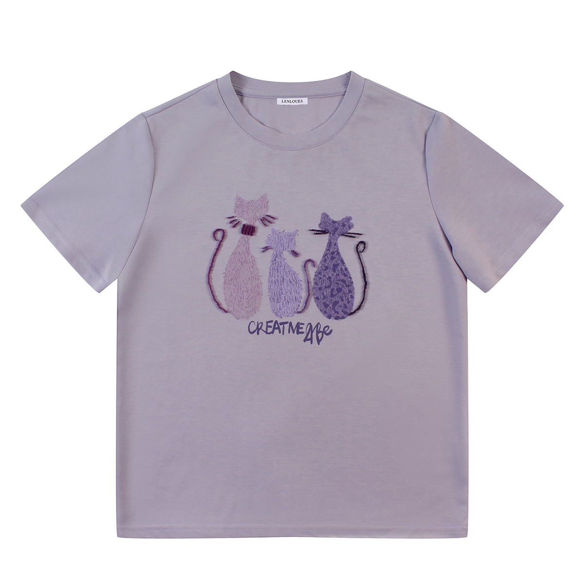 LENLOUES Women's Cat Embroidered Short Sleeve T-Shirt | Light Purple Cotton Crew Neck Tee, Cute Animal Graphic Casual Top for Daily Wear LNS-1017
