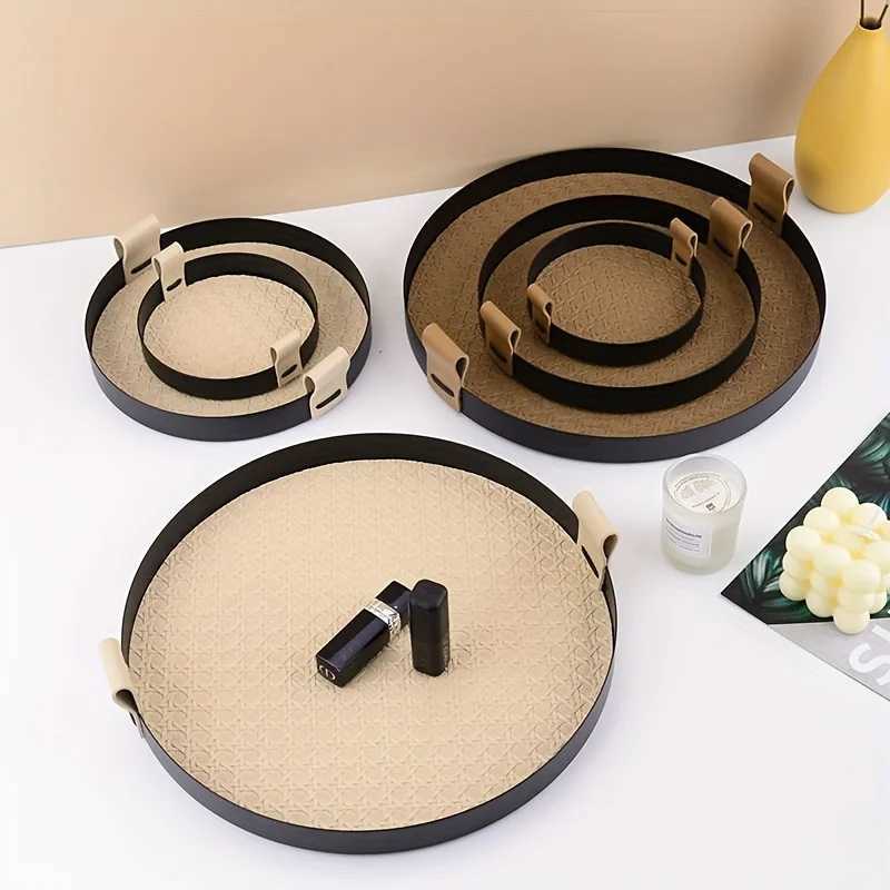 Nordic Round Jewelry Tray Woven Leather Storage Tray Living Ro Kitchen Desktop Cosmetic Sundries Plate He Decoration Y251025