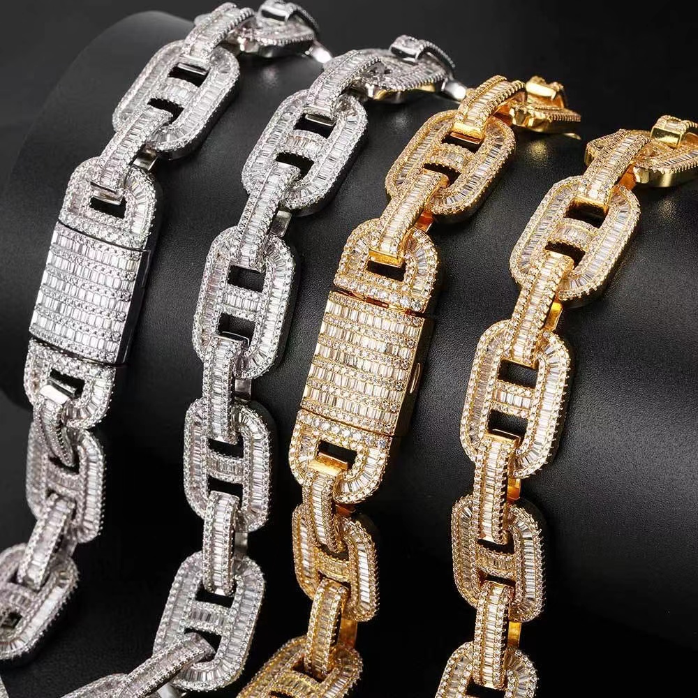 Ice out chain bracelet moissanite chain Vvs Cuban Chain Link Baguette Moissanite Diamond Mariner