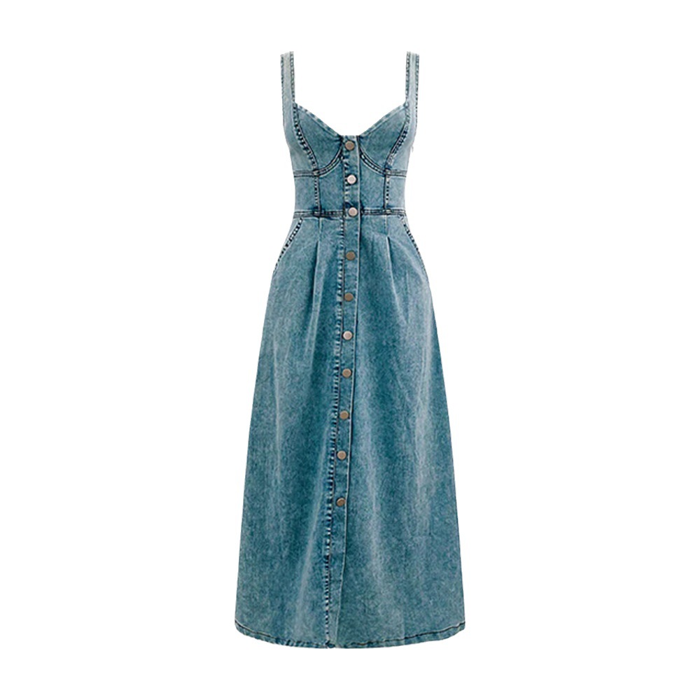Womens Denim Dress Sleeveless V Neck Button Down Front Stretchy Back A-Line Dress Patchwork Suspender Low Back Sexy Casual Dress