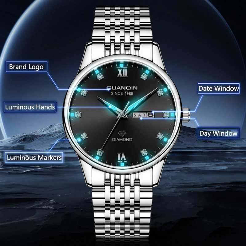 GUANQIN Luxury Men Quartz Watch Stainless Steel Alloy Case Dual-Language Date Business Leisure 30M Waterproof Luminous WatchesW251104