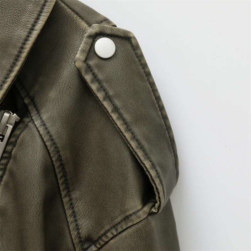 hoodie Women's Wear ZVRI 2024 Women Vintage Loose Pu Faux Leather Short Jacket With Belt Streetwear Female Zipper Retro Moto Biker Coat Outwear T