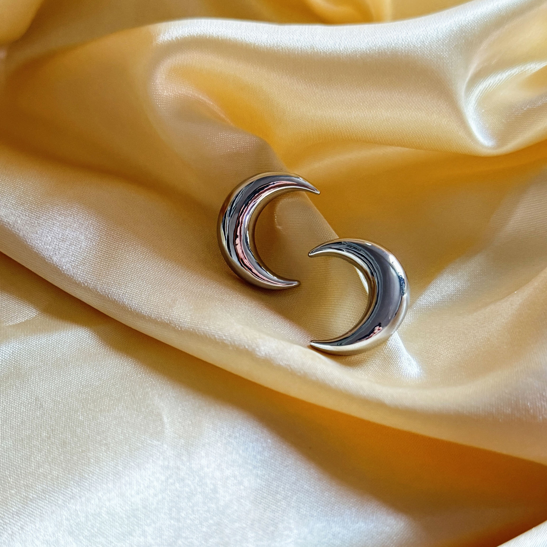 Silver Toned Moon Stud Earrings With Polished Minimalist Detail Delicate Daily Elegant Jewelry Gift For Her High Quality Stylish Accessory