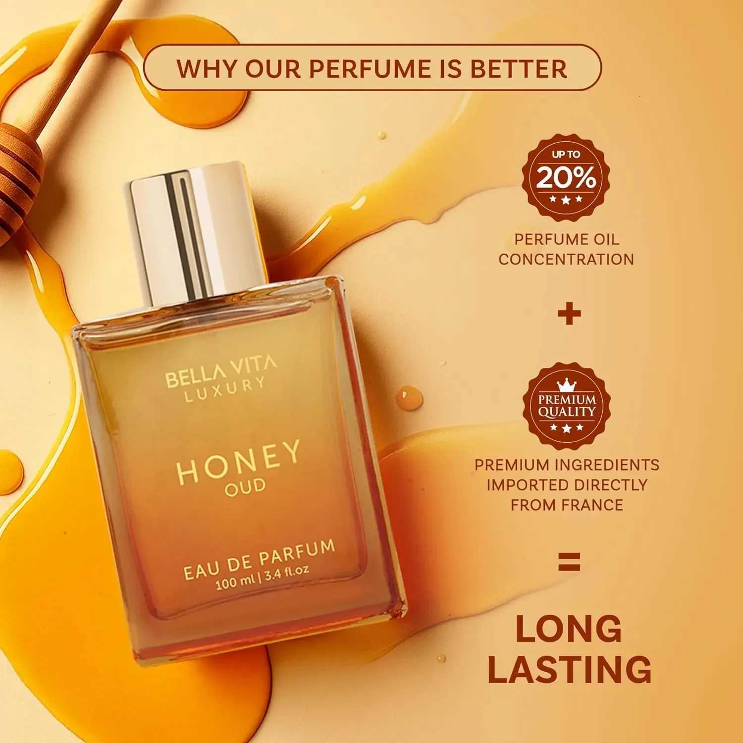 BellaVita Luxury Honey Oud EDP 34oz 100ml Warm Sweet Amber Vanilla Long Lasting Unisex Perfume Ideal Holiday GiftXJ251103