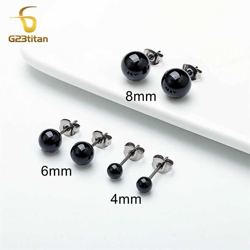 Black Agate Stone Stud Earrings for Women Mens Medical G23 Titanium Piercing Jewelry Simple Round Onyx Ball Ear Lobe Accessories C251103