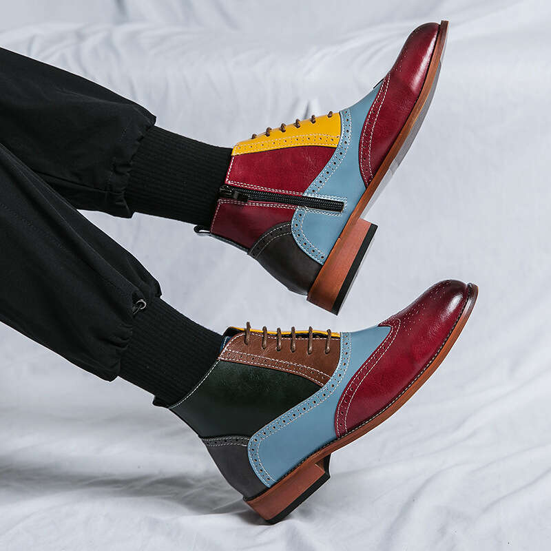 Large men's high cut side zipper color blocking leather with British style fashion pointed tie flat bottomed casual trendy shoes
