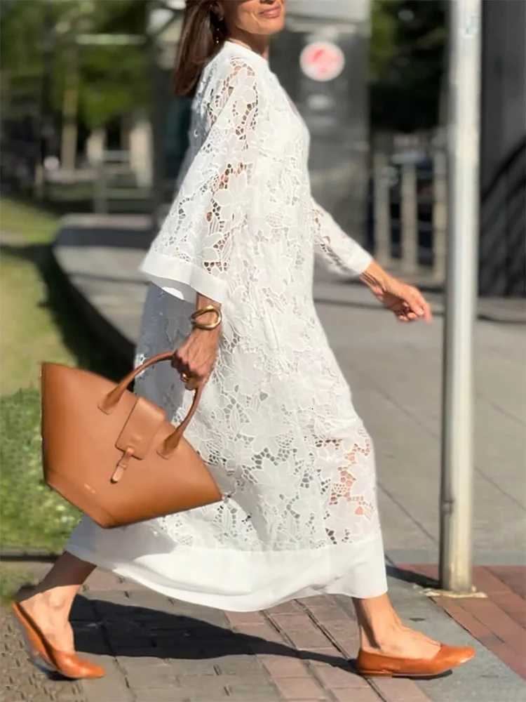 White Embroidery Lace Dress Women Spring Sexy V Neck Hollow Out Party Dress New Boho Loose Long Dress Holiday C251103