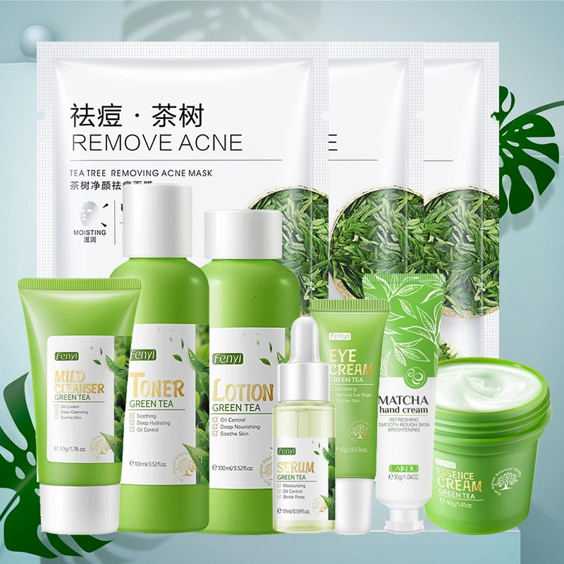 Facial Products Kit Sakura Green Tea Face Cream Nourishing Skin Face Serum Fade Dark Circle Eye Cream Skincare Korean Cosmetic 251030
