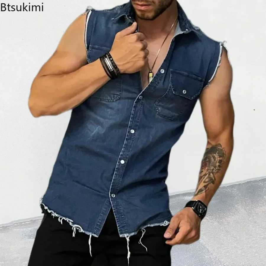 New 2025 Mens Summer Denim Vest T Shirts Lapel Pocket Sleeveless Tank Top Hip Hop Jean Jacket Waistcoat Coat Muscle Mens Tops X250403