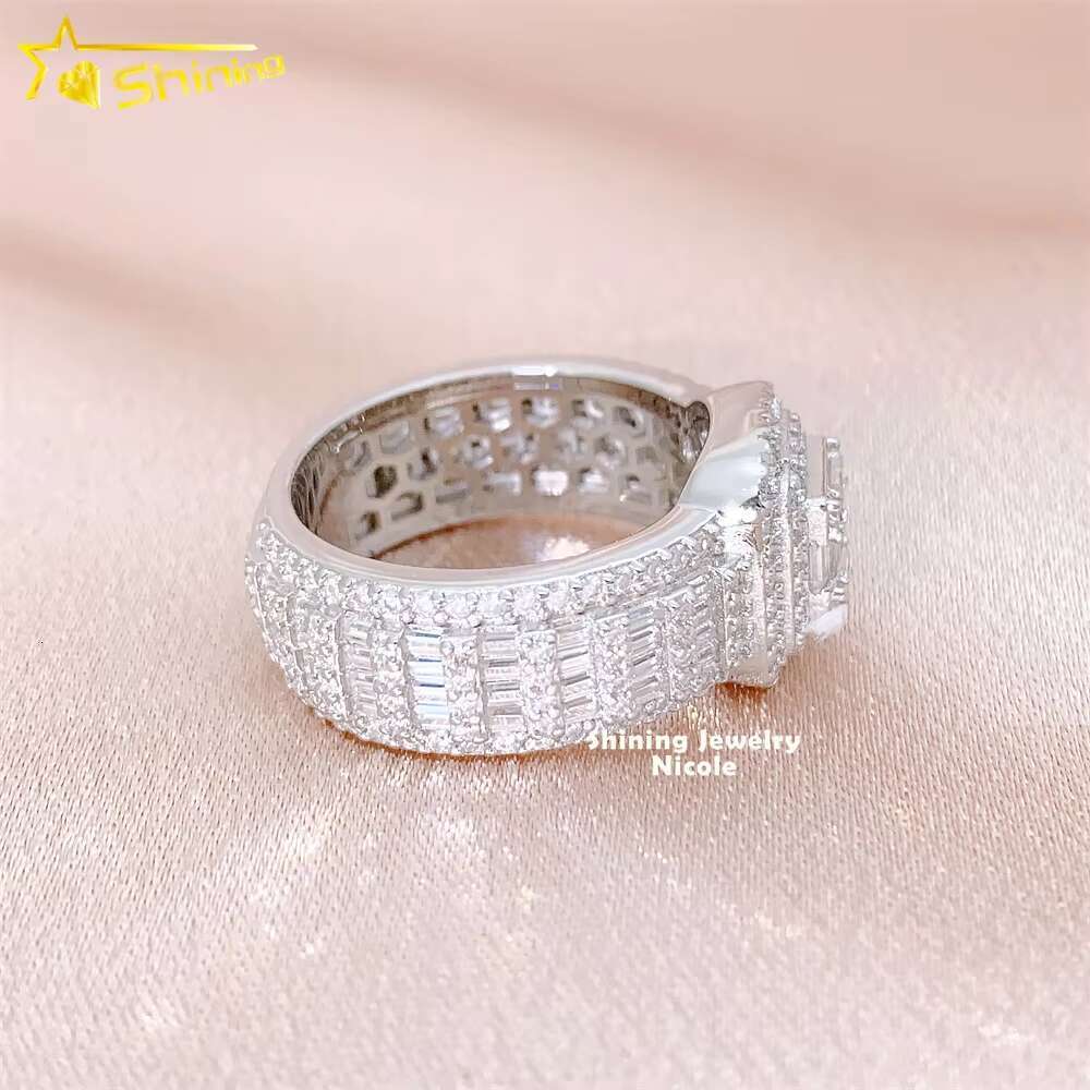 Hot Selling Pass Diamond Tester Ice Out Baguette 925 Sterling Silver Moissanite Mens Engagement Ring
