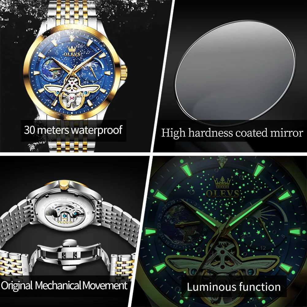 OLEVS Luxury Brand Mens Watches Luminous Waterproof Fully Automatic Mechanical Watch Starry Sky Dial Moon Phase Hollow OutW251104