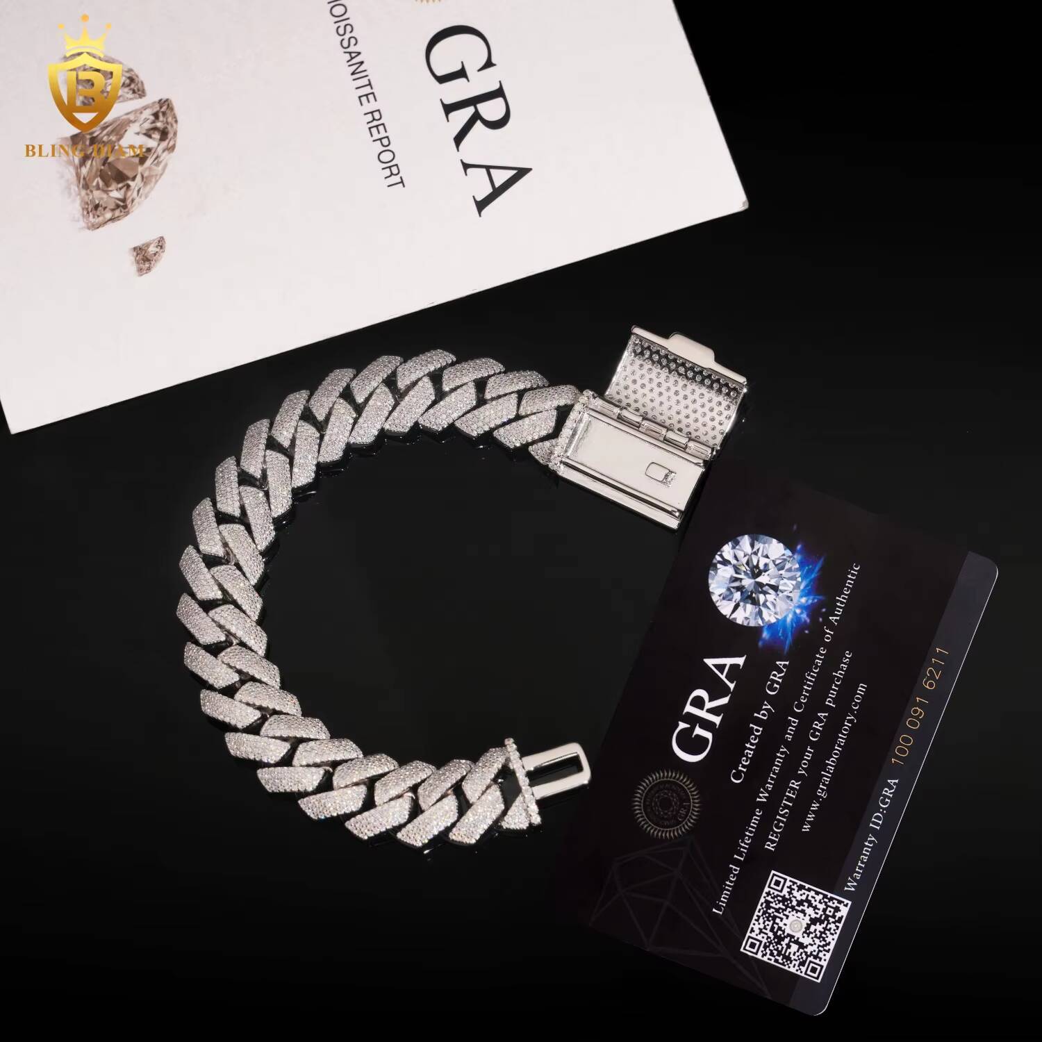 Hot Sale Fashion 15mm Moissanite Cuban Chain Bracelet Men Pass Diamond Tester VVS Moissanite HipHop Cuban Chain 925 Silver GRA