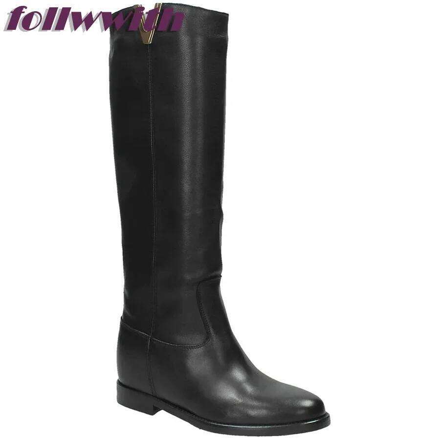 Metal V Decoration Black Leather Knee High Woman Boots New Brand Solid Designer Fashion Catwalk Concise Round Toe Winter Shoes