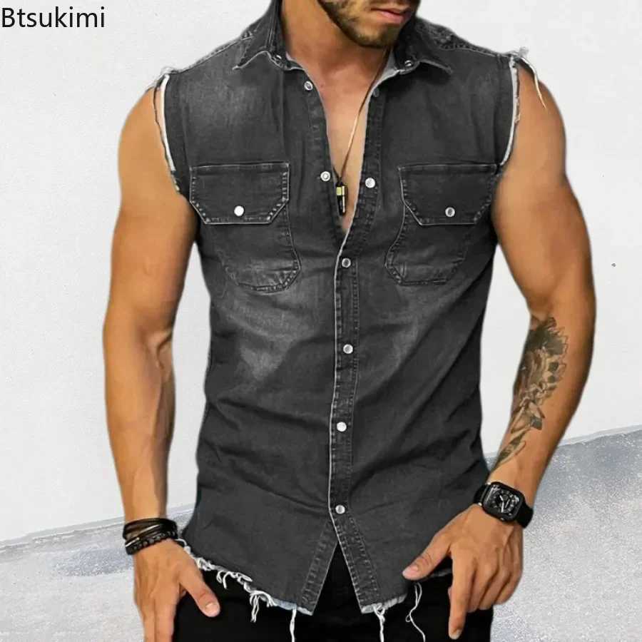 New 2025 Mens Summer Denim Vest T Shirts Lapel Pocket Sleeveless Tank Top Hip Hop Jean Jacket Waistcoat Coat Muscle Mens Tops X250403