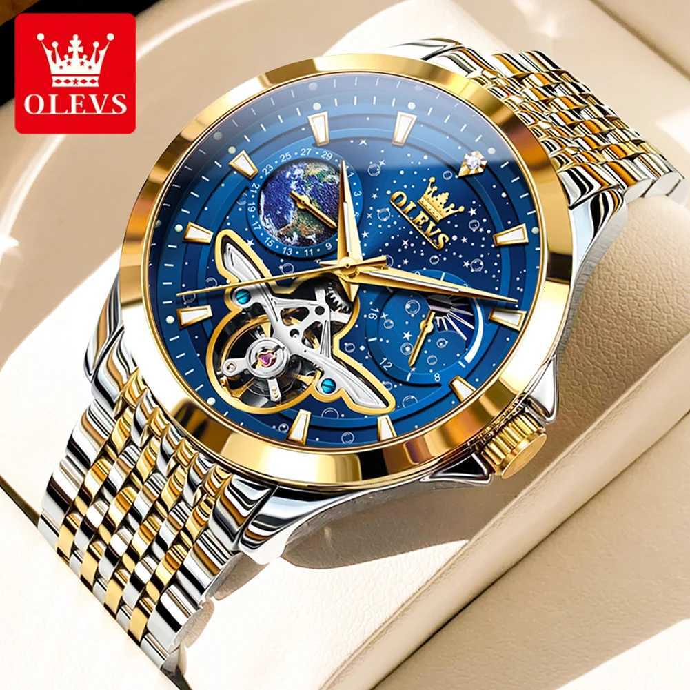 OLEVS Luxury Brand Mens Watches Luminous Waterproof Fully Automatic Mechanical Watch Starry Sky Dial Moon Phase Hollow OutW251104