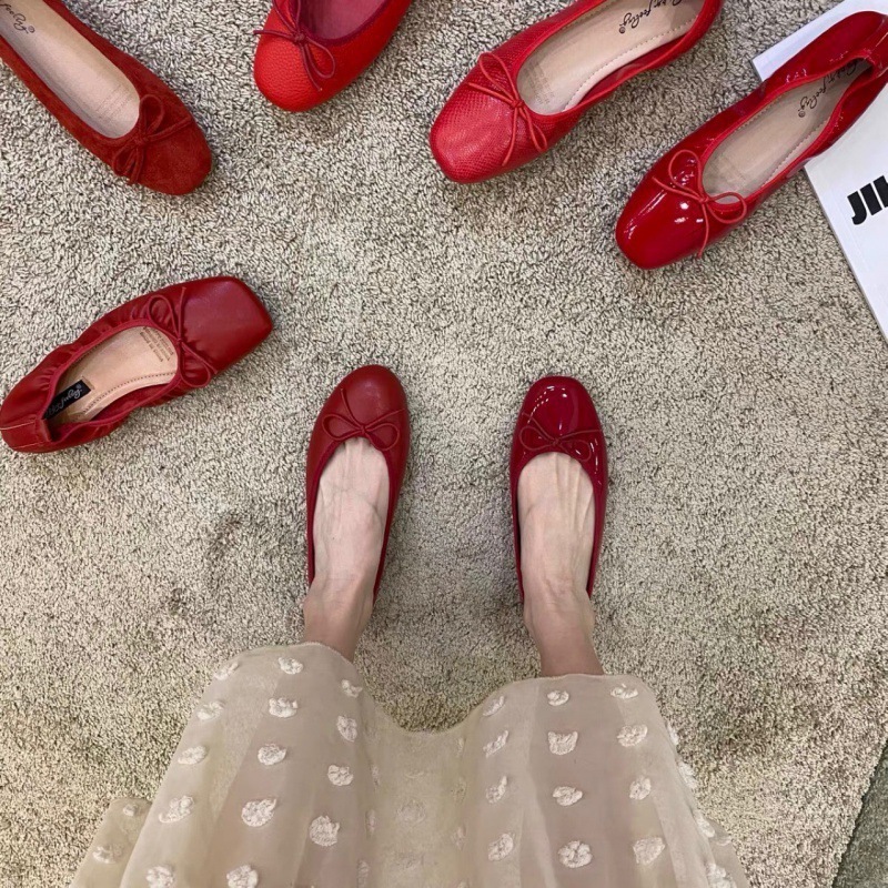 2024 Summer New Fashionable Versatile Butterfly Bow Shallow Mouth Flat Bottom Small Red Single Shoes 241206