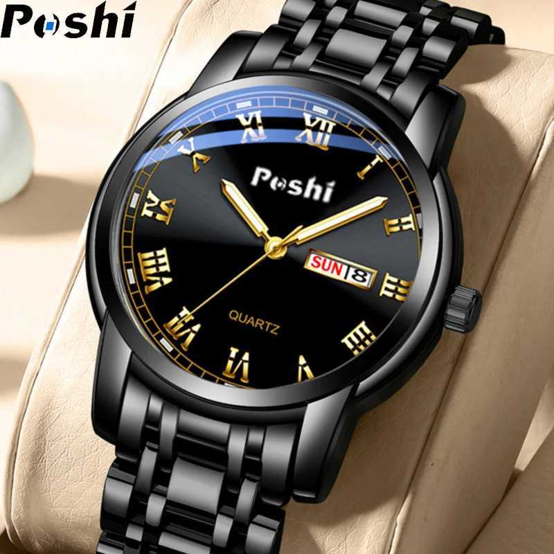 POSHI Stainless Steel Quartz Wrist Watch for Man Luxury Week Date Display Luminous Bracelet Fashion Mens Watch Original ClockW251104