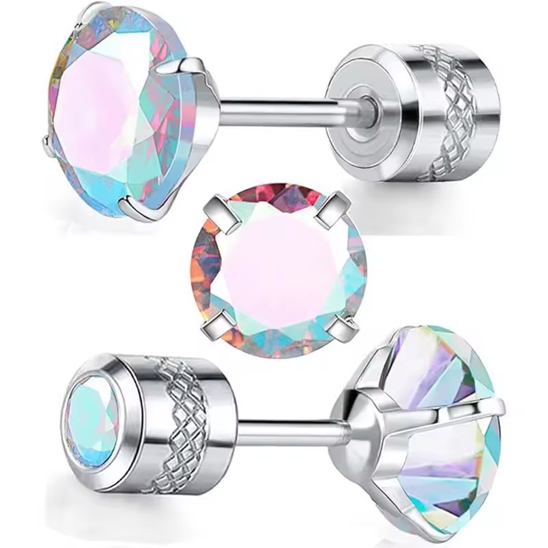 1pair Laser Diamond Medical Stainless Steel AB Crystal Zircon Ear Studs Earrings Black Gun Plated Tragus Cartilage Hypoallergenic Screws Piercing Jewe