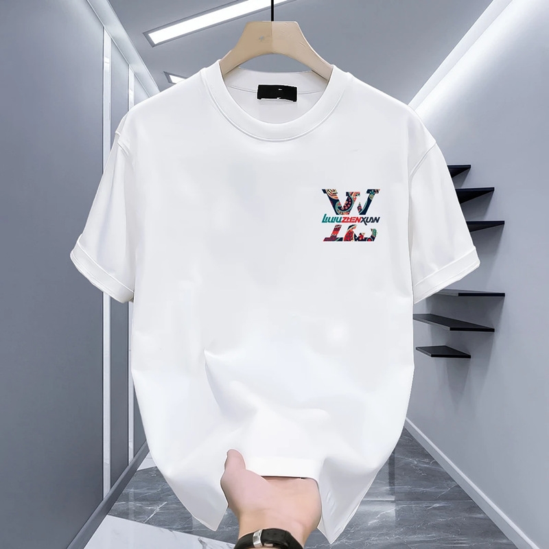 Summer new men's printed T-shirt Casual fashion short sleeve pure cotton trend round neck T-shirt men plus size black white
