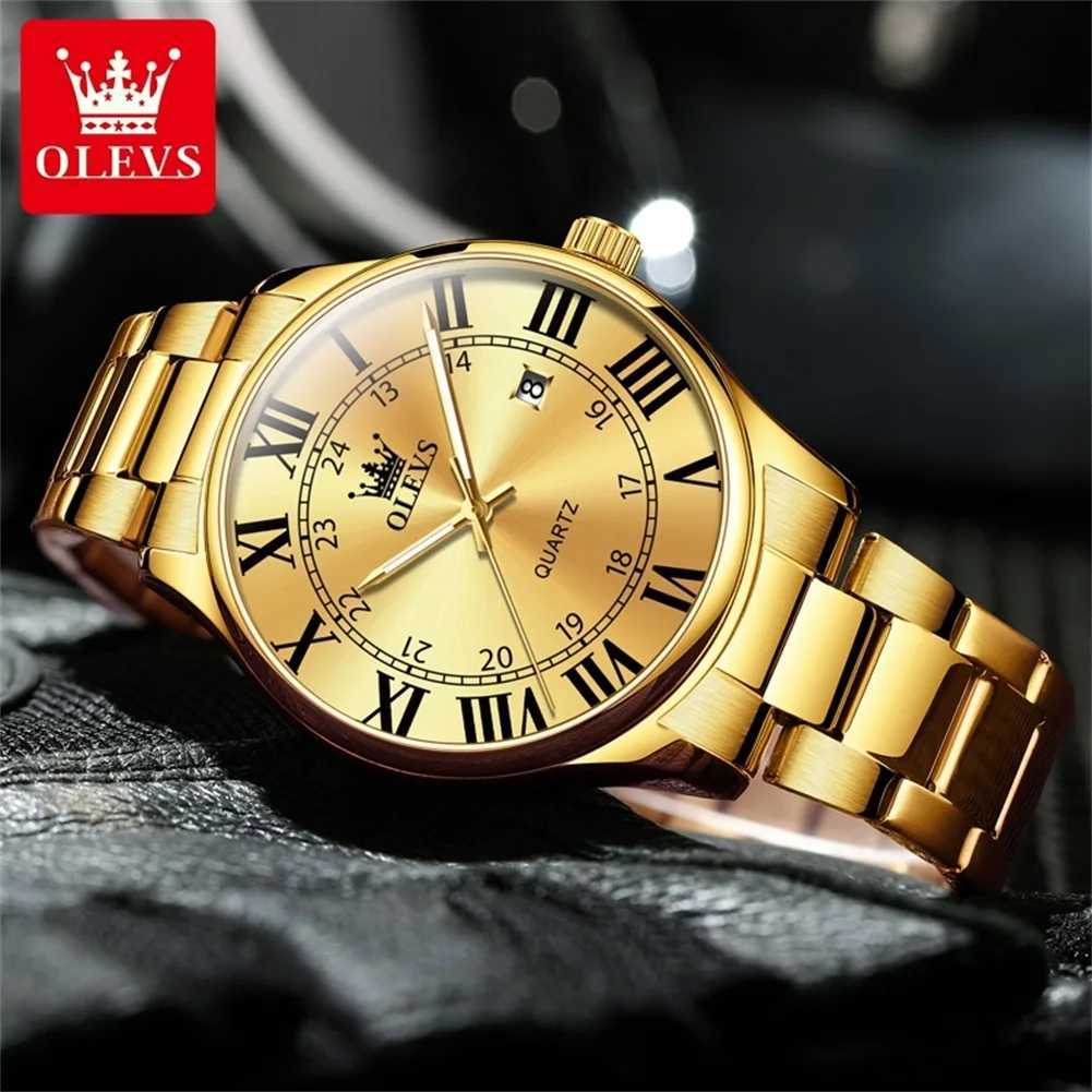 OLEVS Luxury Roman scale Mens Watches Gold Stainless steel Date Quartz Watch for Male Waterproof Fashion Luminous WristwatchW251104