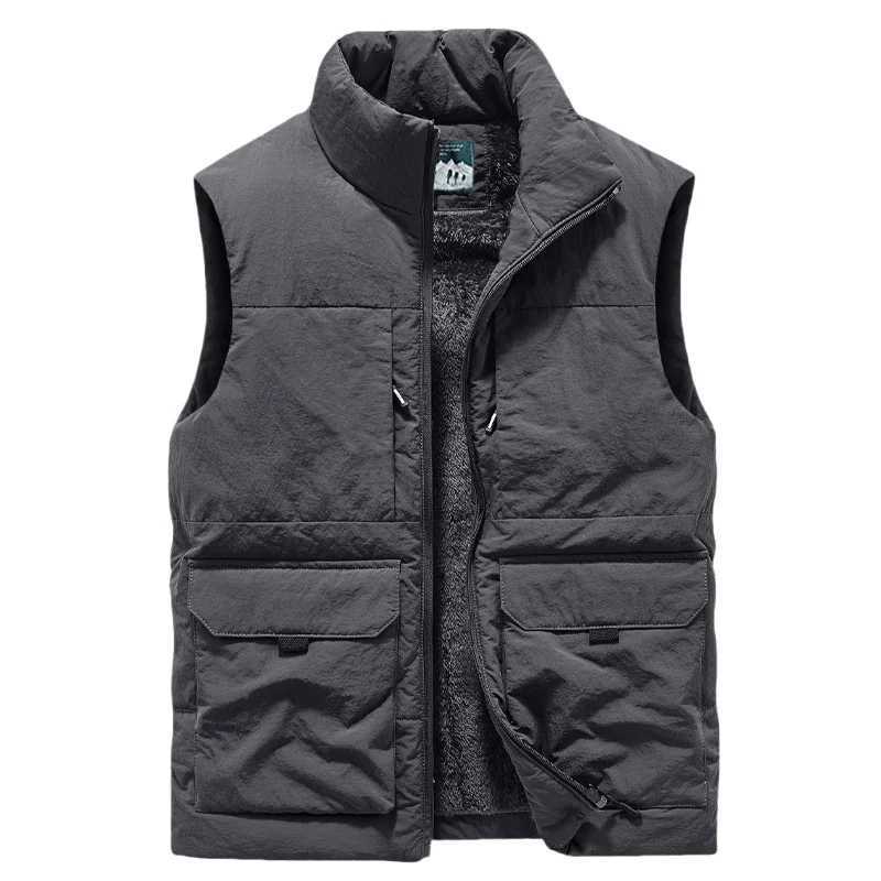 Autumn Winter Mens Fleece Thickened Outdoor Cargo Vest Plus Size Padded Waistcoat Stand Collar Multi Pocket Casual Warm Vest X250403