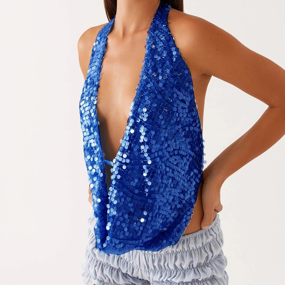 Y2K glitter backless vest crop womens shiny solid suspender V-neck sleeveless hollow drawstring tank summer party club beach top 250327