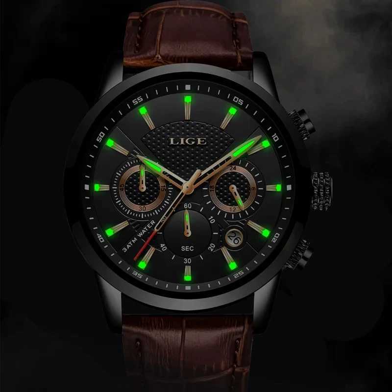 LIGE Mens Watches Luxury Waterproof Military Sport Man Watch Chronograph Genuine Leather Men Quartz Wristwatch Relogio MasculinoW251104