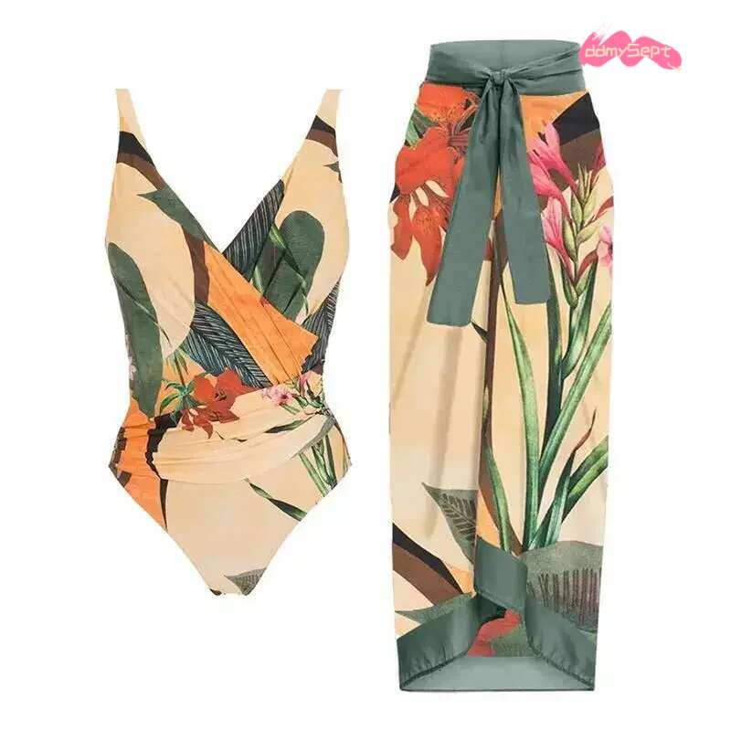 One Piece Swimsuit Bikini with Skirt Swimwear Summer Women Bowknot Cover Up 2025 New Elegant Brazilian Beach Bathing Suit ddmySept