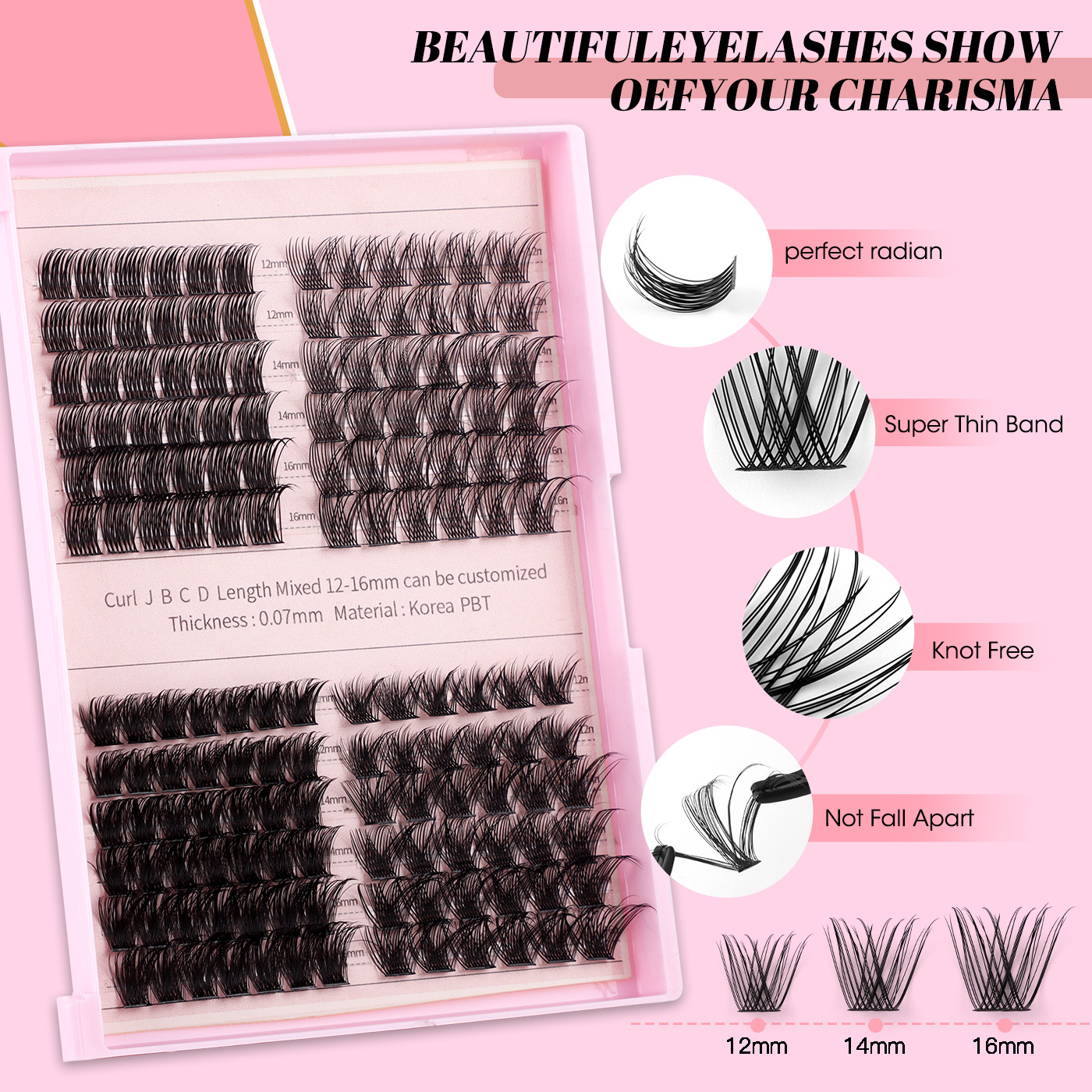150Pcs DIY Lashes Kit Soft Lightweight Thick Fluffy Individual Eyelashes D Curled Handmade Reusable DIY Segmented Eyelash Extensions Accessory for Eye