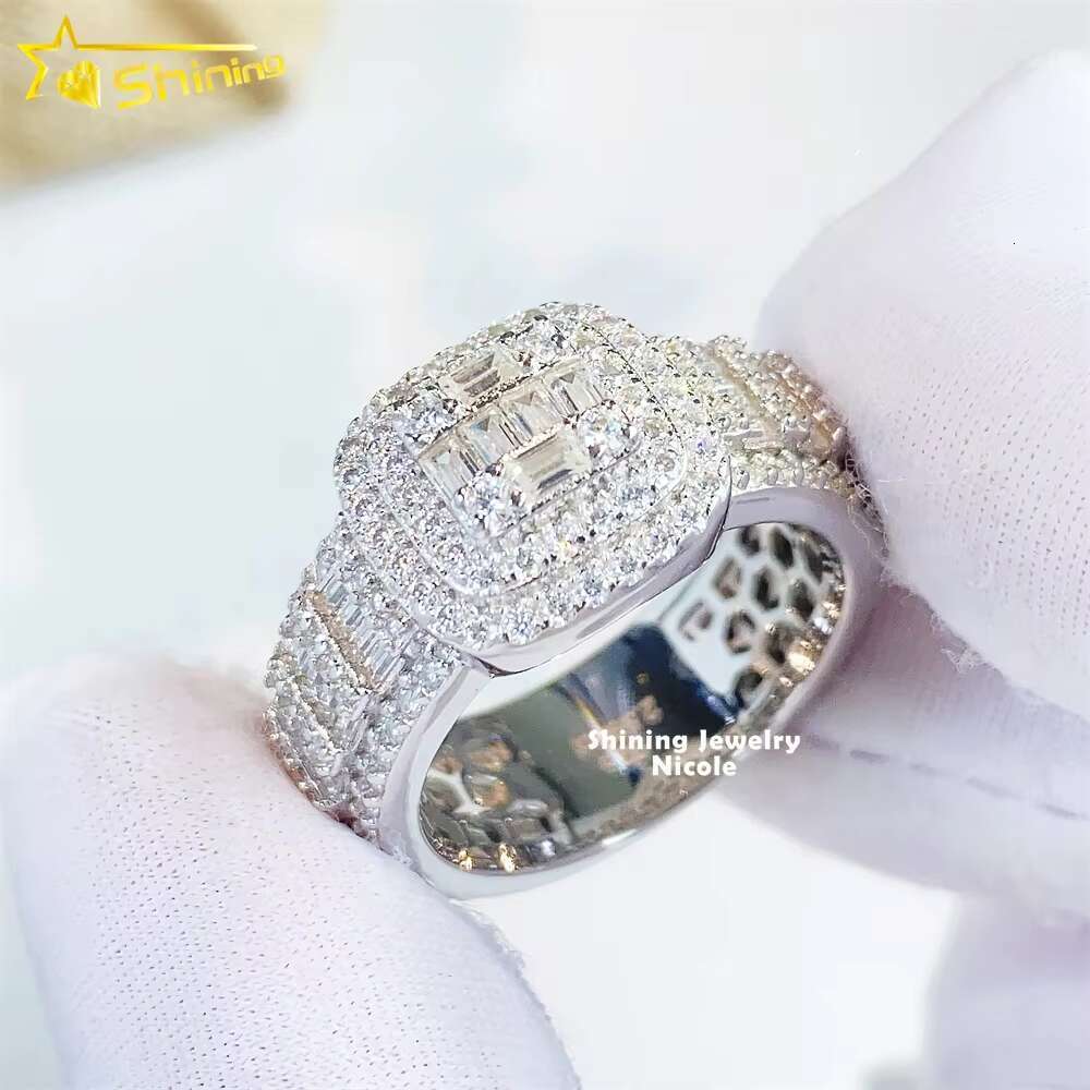 Hot Selling Pass Diamond Tester Ice Out Baguette 925 Sterling Silver Moissanite Mens Engagement Ring