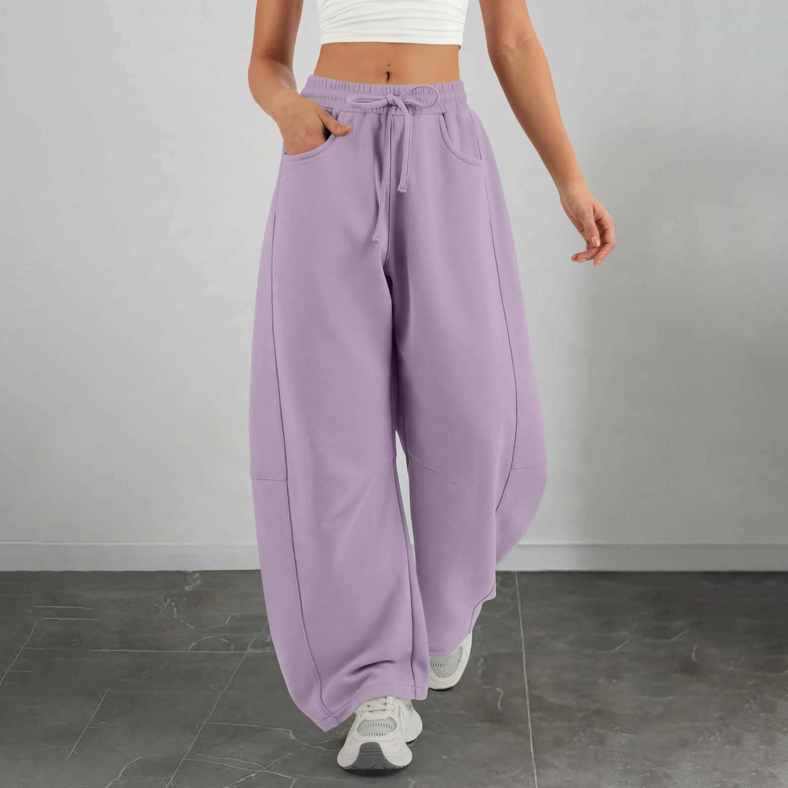 Womens Barrel Leg Sweatpant Solid Color Drawstring Elastic Waisted Wide Leg Pants Casual Comfy Palazzo Trousers With PocketsT251103