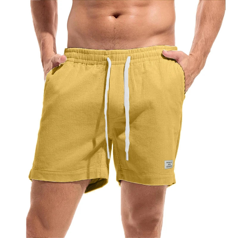 Summer mens Corduroy shorts with elastic waist casual beach outdoor breathable pants lightweight streetwear 250403e